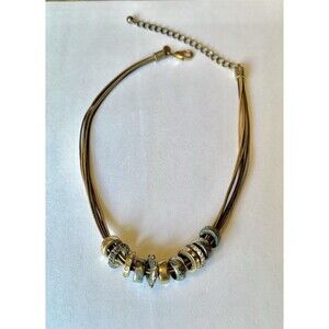 Chicos Inspiring Charms Rhinestone Gold Silver Tone Discs Necklace Chunky Corded